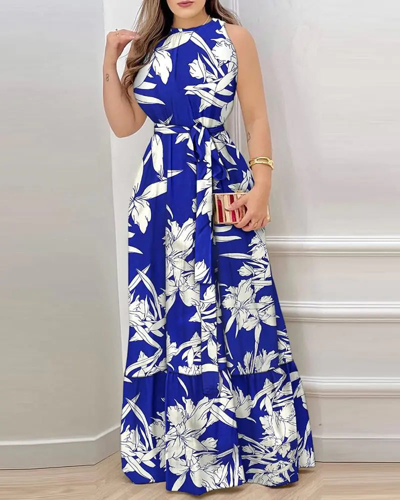 Summer Floral Ruffle Neck Dress for Women