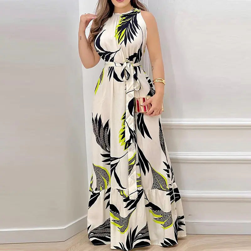 Summer Floral Ruffle Neck Dress for Women