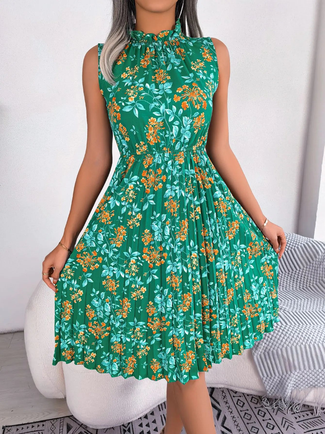 Spring Summer Ruffle Floral Pleated Dress for Women