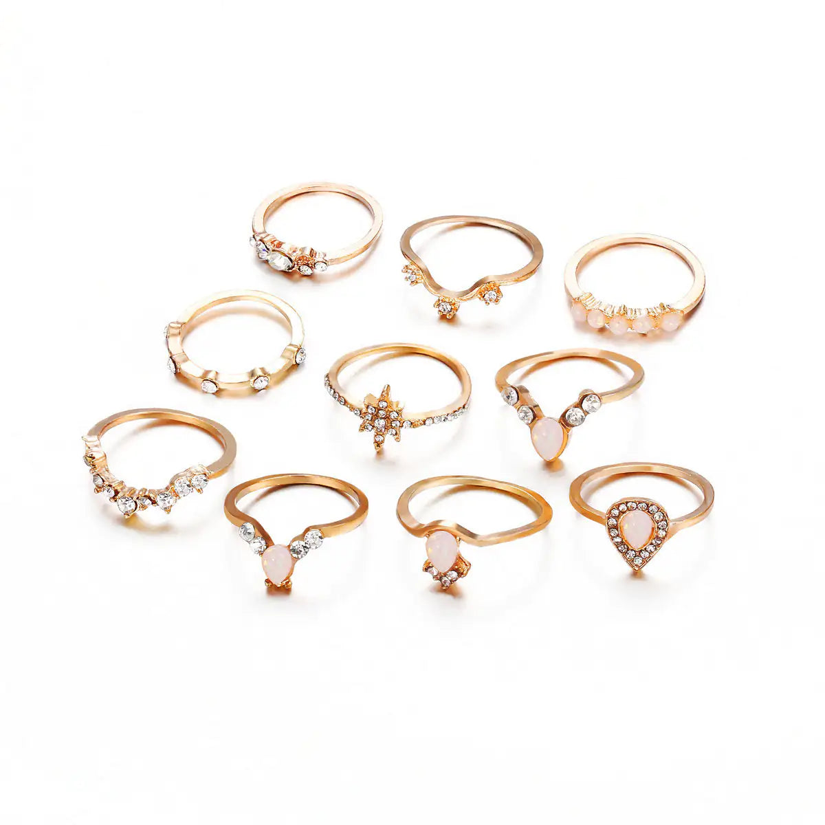 10 Piece Opal Created Ring Set With ® Crystals 18K Gold Plated Ring in 18K Gold Plated