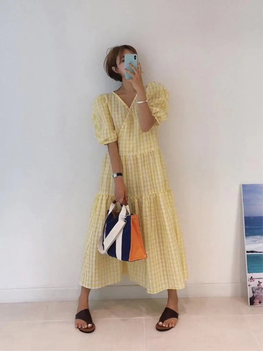 Summer Checkered Ruffle Sleeve Dress