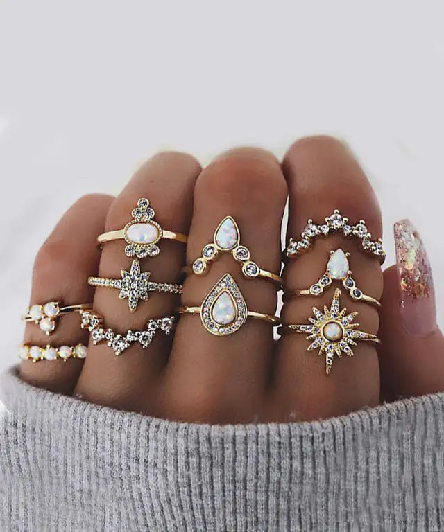 10 Piece Opal Created Ring Set With ® Crystals 18K Gold Plated Ring in 18K Gold Plated