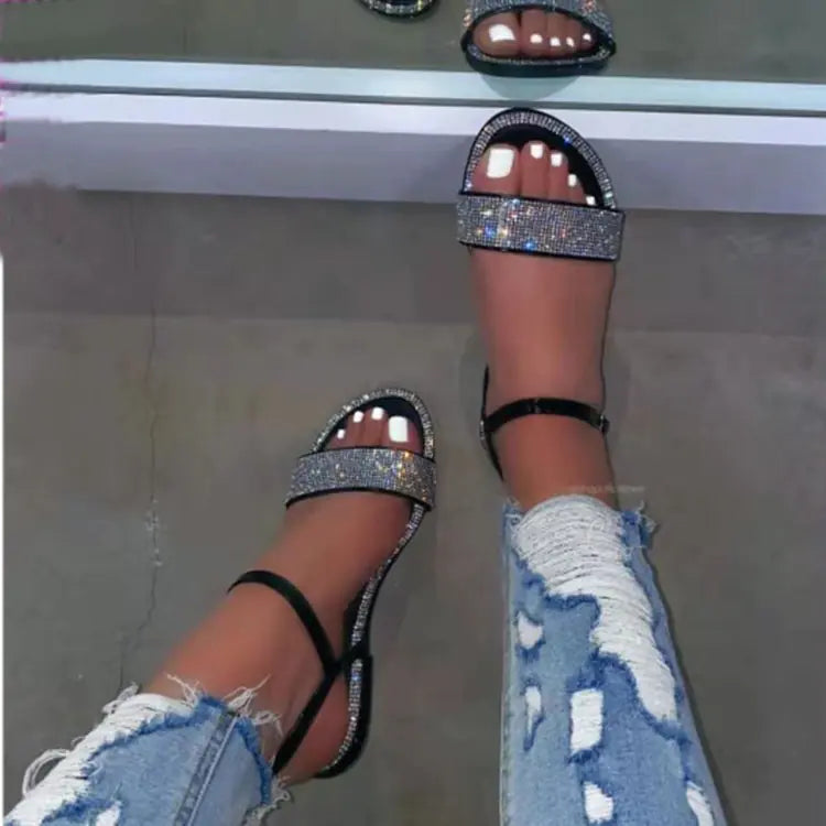 Large Size Women's Summer Flat Sandals with Rhinestones
