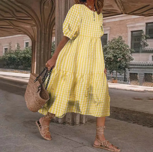 Summer Checkered Ruffle Sleeve Dress
