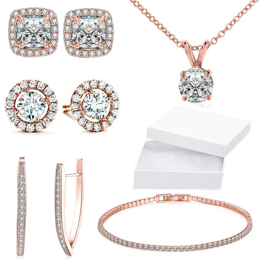 10Ct Tennis Bracelet + Halo Earring+ Necklace With Crystals - 5 Piece Set with Luxe Box - 18K Rose Gold ITALY Design