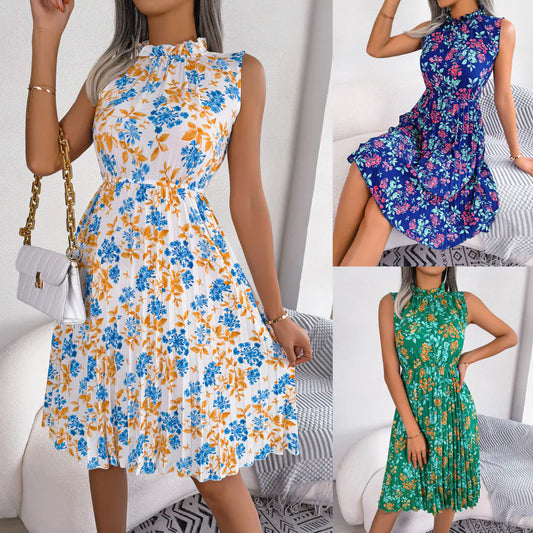 Spring Summer Ruffle Floral Pleated Dress for Women